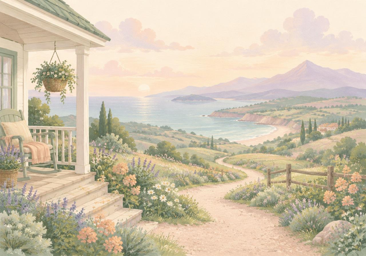 Painted scene of a porch looking out over hills and the sea